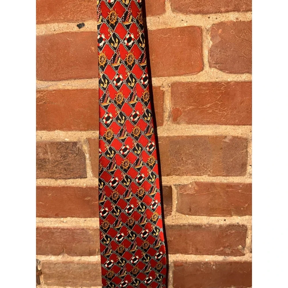 Museum Piece Red‎ Nautical Anchor Sailboat Life Ring Ship Wheel Silk Tie